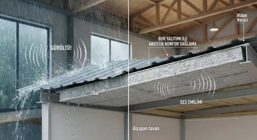 Sac ve Sandviç Panel Çatılarda Yağmur Gürültüsü: Bor Yalıtımı ile Akustik Konfor Nasıl Sağlanır?